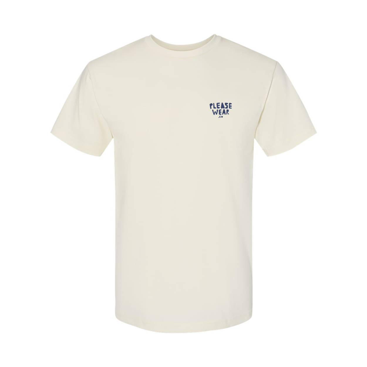 Front of natural shirt with blue text 'PLEASE WEAR .CO'